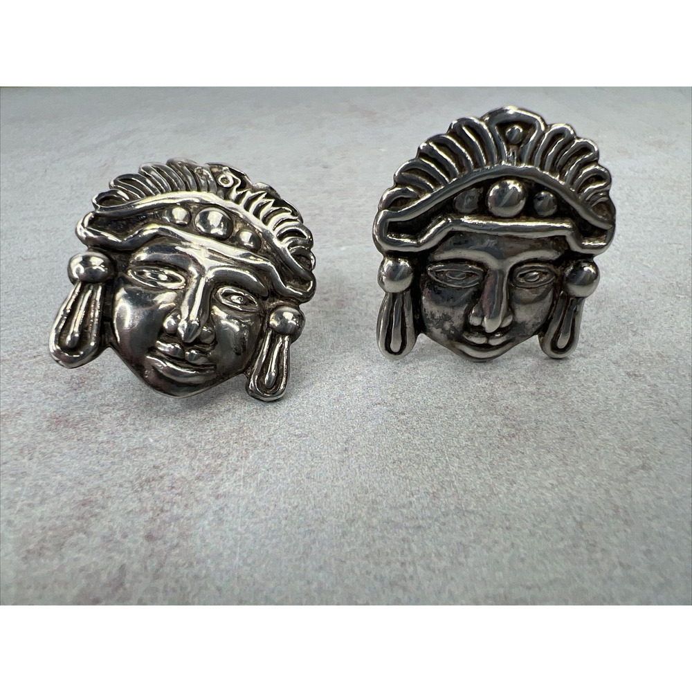Aztec Earrings Vintage Mexico Clip Screw Back Bold Large Trendy 90s Sterling 925